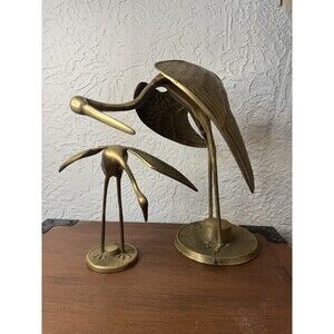 Pair of Brass Heron Crane Egret Stork Bird Figurines Statues Detailed Vintage